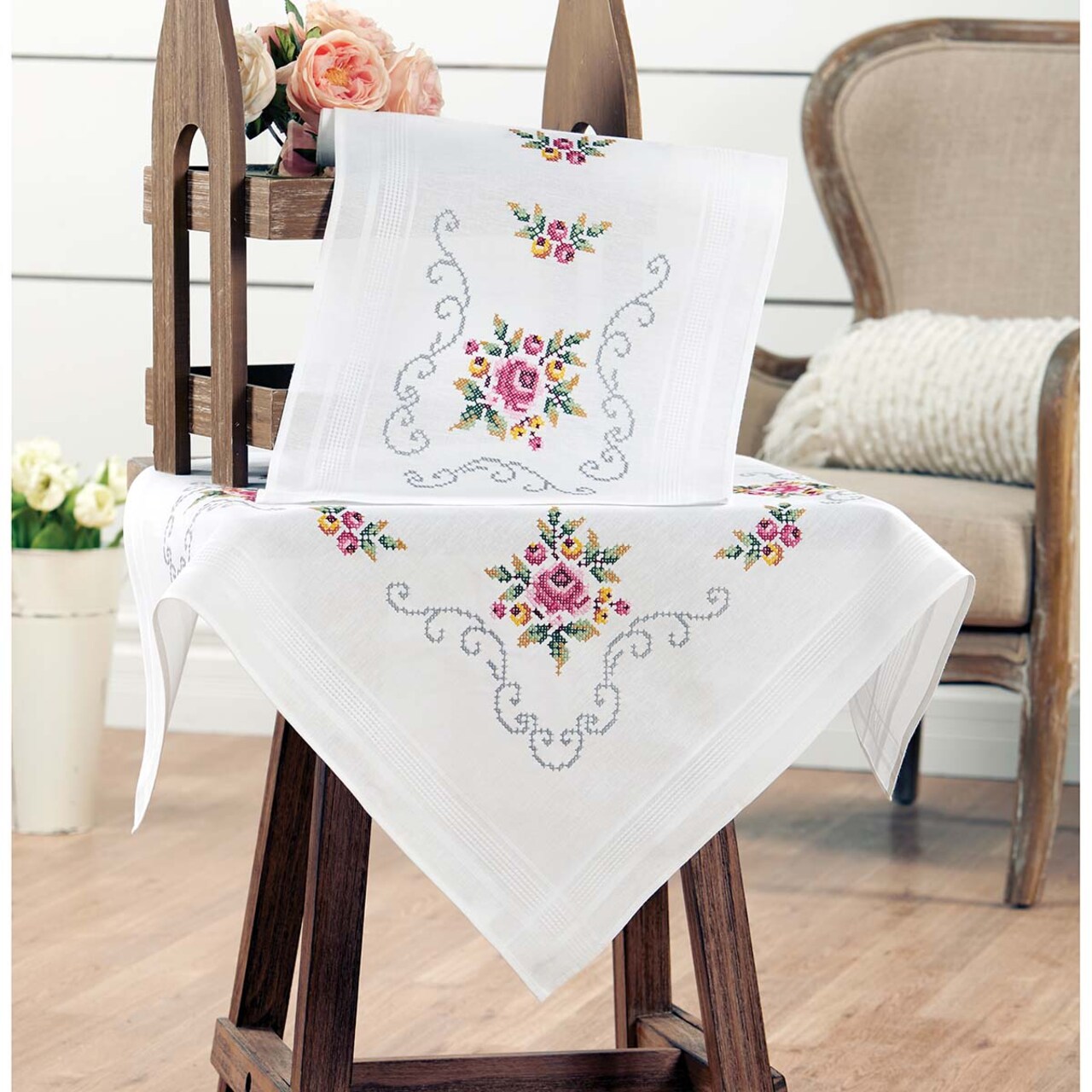 Nob Hill Roses Table Topper & Runner Stamped Cross-Stitch